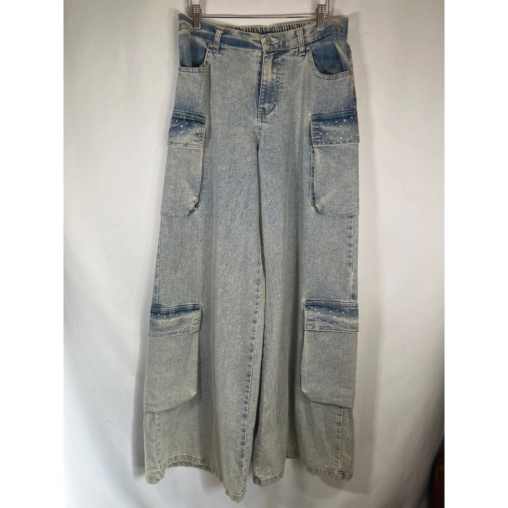 Madden NYC Women XS Wide Leg Cargo Jeans Light Wash Rhinestone Y2K Streetwear
